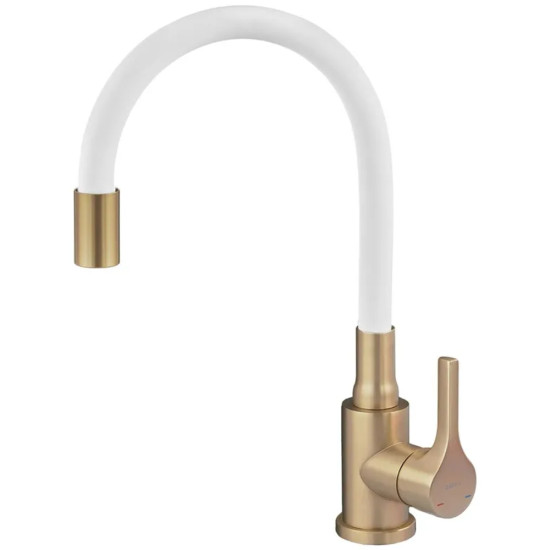 Змішувач для кухні ZERIX REX-011 BRUSHED GOLD REFL.WHITE з нерж. сталі (Колір матове золото+силіконовий вилив білий) (ZX6134)