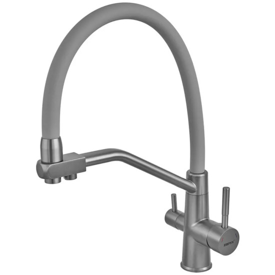 Змішувач для кухні ZERIX FUL-021 GRAPHITE REFL.GRAY з силіконовим виливом, з нерж.сталі SUS304 з виходом для питної води (колір графіт, сірий вилив) (ZX6000)