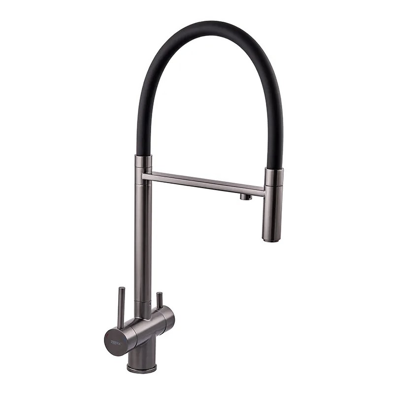 Смеситель для кухни с гибким изливом на две воды Zerix KIT-021 Graphite REFL.Black из нерж. стали (