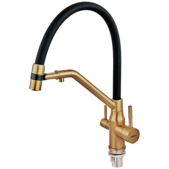 Змішувач для кухні ZERIX MAG-021 BRUSHED GOLD REFL.BLACK із силіконовим виливом, із нерж.сталі SUS304 з виходом для питної води (колір матове золото, вилив чорний) (ZX6007)