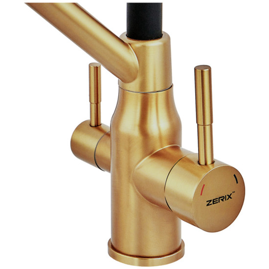 Змішувач для кухні ZERIX MAG-021 BRUSHED GOLD REFL.BLACK із силіконовим виливом, із нерж.сталі SUS304 з виходом для питної води (колір матове золото, вилив чорний) (ZX6007)
