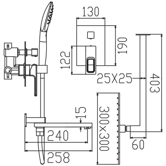 Душевая система встраиваемая KOER KB-66009-01 3 функции (Цвет хром) (KR6019)