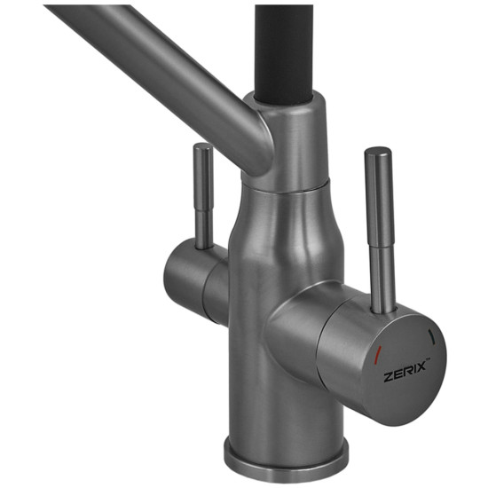 Змішувач для кухні ZERIX MAG-021 GRAPHITE REFL.BLACK з силіконовим виливом, з нерж.сталі SUS304 з виходом для питної води (колір графіт, чорний вилив) (ZX6005)