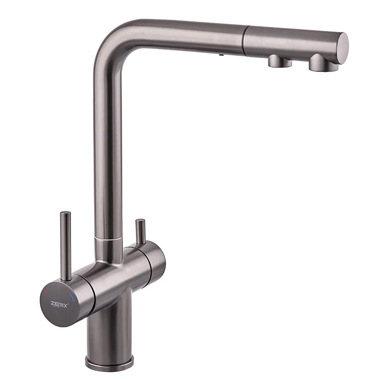 Смеситель кухонный на две воды Zerix LUX-024 Graphite с выдвижной лейкой (нерж. сталь) (ZX5557)
