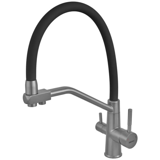 Змішувач для кухні ZERIX FUL-021 GRAPHITE REFL.BLACK з силіконовим виливом, з нерж.сталі SUS304 з виходом для питної води (колір графіт, чорний вилив) (ZX5999)