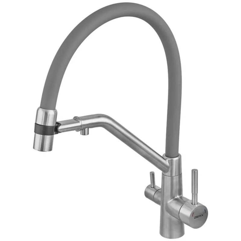 Смеситель для кухни ZERIX MAG-021 REFL.GRAY с силиконовым изливом, из нерж.стали SUS304 с выходом для питьевой воды (излив серый) (ZX6004)