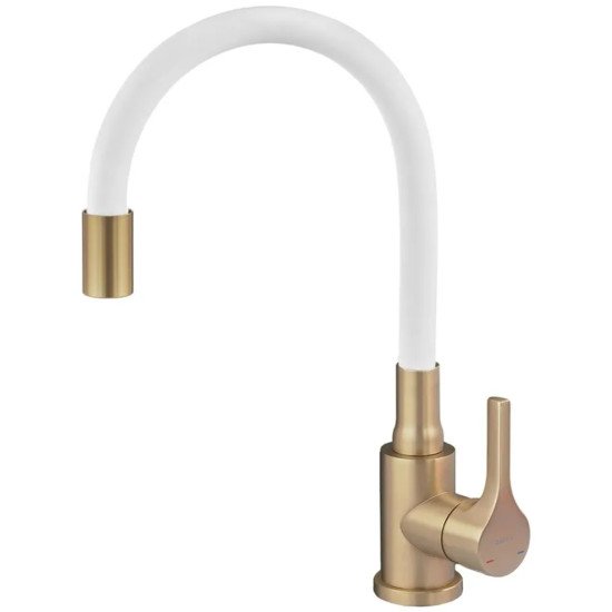 Змішувач для кухні ZERIX REX-011 BRUSHED GOLD REFL.WHITE з нерж. сталі (Колір матове золото+силіконовий вилив білий) (ZX6134)