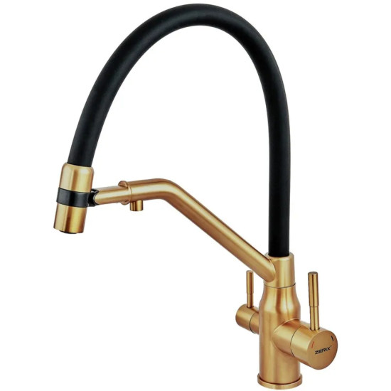Змішувач для кухні ZERIX MAG-021 BRUSHED GOLD REFL.BLACK із силіконовим виливом, із нерж.сталі SUS304 з виходом для питної води (колір матове золото, вилив чорний) (ZX6007)
