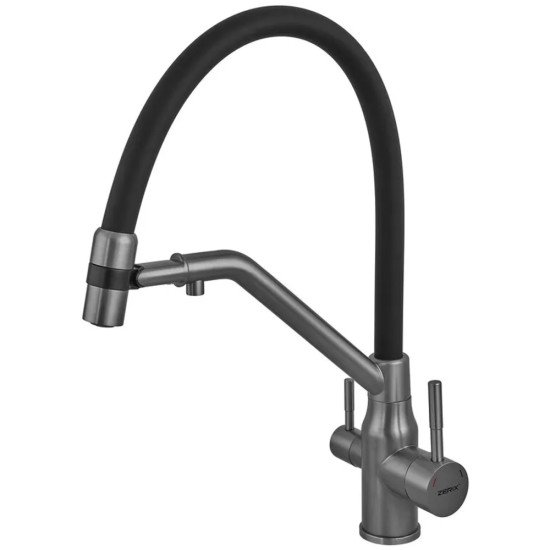 Змішувач для кухні ZERIX MAG-021 GRAPHITE REFL.BLACK з силіконовим виливом, з нерж.сталі SUS304 з виходом для питної води (колір графіт, чорний вилив) (ZX6005)