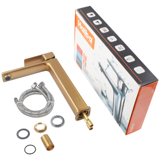 Смеситель для умывальника высокий Haiba KUBUS 001 (HIGH) BRUSHED GOLD (HB9623)