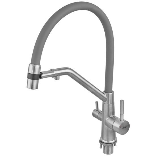 Смеситель для кухни ZERIX MAG-021 REFL.GRAY с силиконовым изливом, из нерж.стали SUS304 с выходом для питьевой воды (излив серый) (ZX6004)