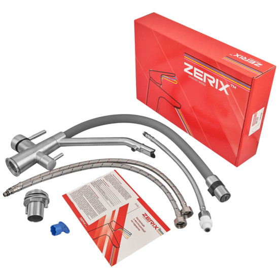 Смеситель для кухни ZERIX MAG-021 REFL.GRAY с силиконовым изливом, из нерж.стали SUS304 с выходом для питьевой воды (излив серый) (ZX6004)