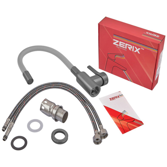 Смеситель для кухни ZERIX REX-011 GRAPHITE REFL.GREY из нерж. стали (Цвет графит+силиконовый излив серый) (ZX6130)