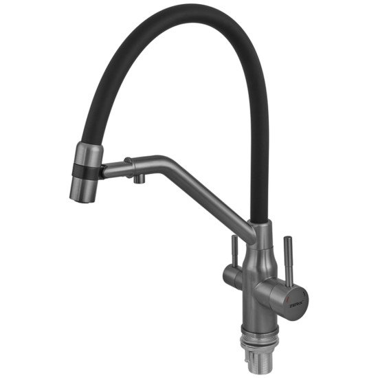 Смеситель для кухни ZERIX MAG-021 GRAPHITE REFL.BLACK с силиконовым изливом, из нерж.стали SUS304 с выходом для питьевой воды (цвет графит, излив черный) (ZX6005)