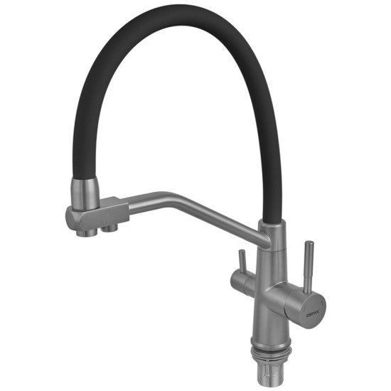 Змішувач для кухні ZERIX FUL-021 GRAPHITE REFL.BLACK з силіконовим виливом, з нерж.сталі SUS304 з виходом для питної води (колір графіт, чорний вилив) (ZX5999)