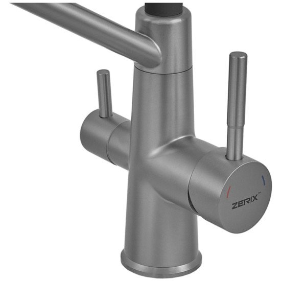 Змішувач для кухні ZERIX FUL-021 GRAPHITE REFL.BLACK з силіконовим виливом, з нерж.сталі SUS304 з виходом для питної води (колір графіт, чорний вилив) (ZX5999)