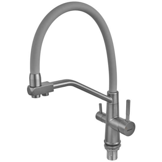 Змішувач для кухні ZERIX FUL-021 GRAPHITE REFL.GRAY з силіконовим виливом, з нерж.сталі SUS304 з виходом для питної води (колір графіт, сірий вилив) (ZX6000)