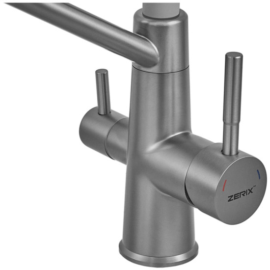Змішувач для кухні ZERIX FUL-021 GRAPHITE REFL.GRAY з силіконовим виливом, з нерж.сталі SUS304 з виходом для питної води (колір графіт, сірий вилив) (ZX6000)