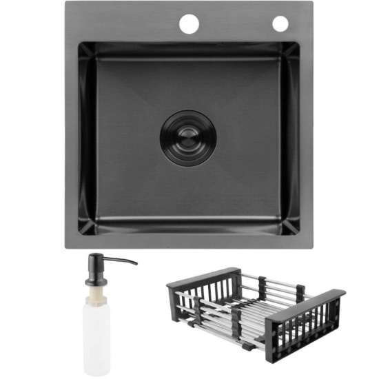 Комплект мойка для кухни интегрированная Kroner KRP Schwarze - 4545HM PVD с корзиной для сушки и дозатором