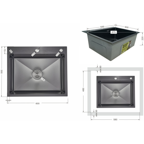 Lidz Handmade H6050HB Мойка для кухни интегрированная Decor Black PVD Honeycomb 2,5/0,5 мм LDH6050BDECPVD48371
