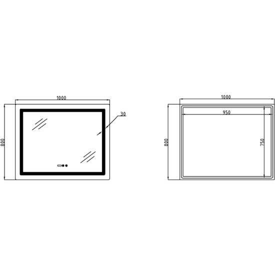 Дзеркало Lidz Kubis (KU2) 1000х800 з годинником, з LED-підсвічуванням Touch, з антизапотіванням, з димером, рег. яскравості LDKU1000800CL49282