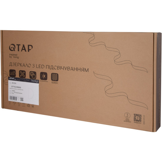 Дзеркало Qtap Taurus HR1200 з LED-підсвічуванням Touch, з антизапотіванням, з димером, рег. темп. кольору (3000-6500K) QTTAUHR1200