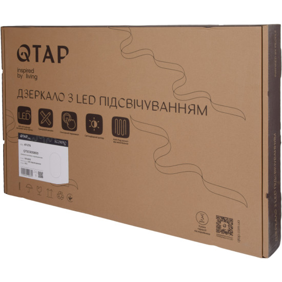 Дзеркало Qtap Scorpio (SC1) з LED-підсвічуванням Touch, з антизапотіванням, з димером, рег. темп. кольору (3000-6500K) Black QTSC500800