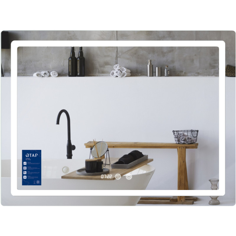 Дзеркало Qtap Mideya (MI2) 800х600 з годинником, з LED-підсвічуванням Touch, з антизапотіванням, димером, рег. яскравості QTMID80060049265