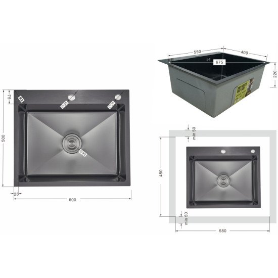 Lidz Handmade H6050HB Мийка для кухні інтегрована Decor Black PVD Honeycomb 2,5/0,5 мм LDH6050BDECPVD48371
