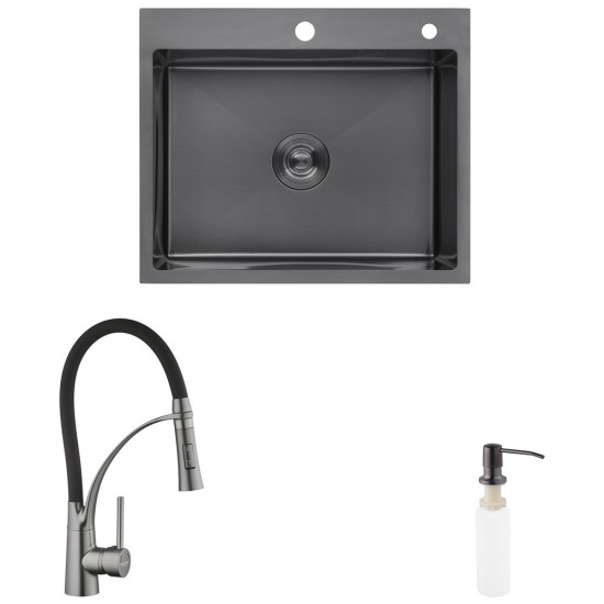 Комплект кухонная мойка Kroner Schwarze-6050HM PVD + смеситель Ersel - GRP03393BLK + дозатор Spender-026
