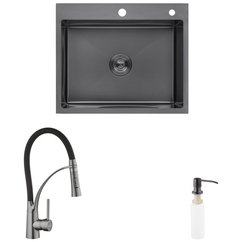 Комплект кухонная мойка Kroner Schwarze-6050HM PVD + смеситель Ersel - GRP03393BLK + дозатор Spender-026