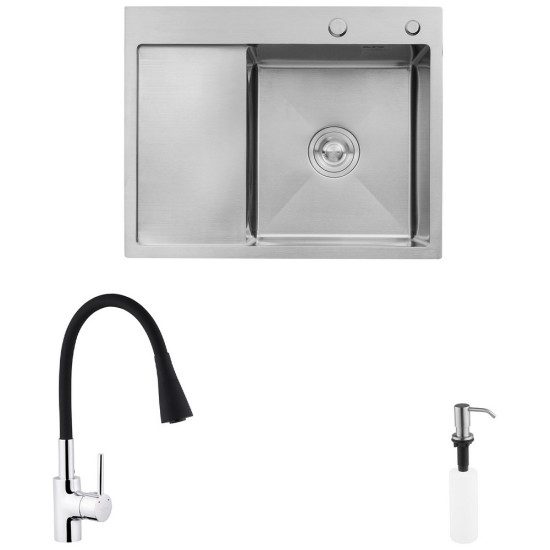 Комплект кухонная мойка Kroner Gebürstet-6350RHM + смеситель Küche-C031BLK + дозатор Spender-ECG049
