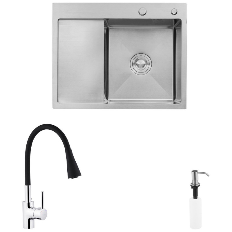 Комплект кухонная мойка Kroner Gebürstet-6350RHM + смеситель Küche-C031BLK + дозатор Spender-ECG049