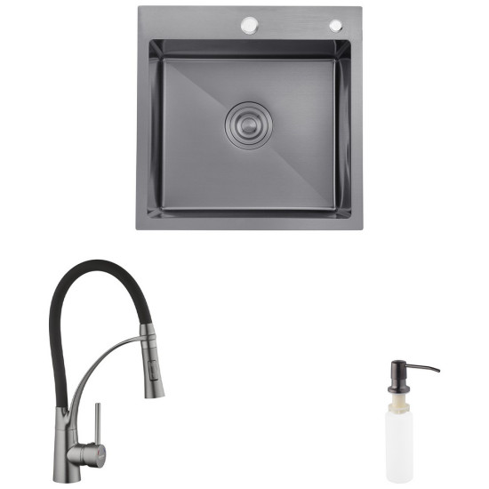 Комплект кухонная мойка Kroner Schwarze-5050HM PVD + смеситель Ersel-GRP03393BLK + дозатор Spender-026