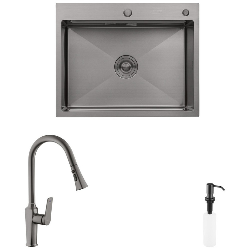 Комплект кухонна мийка Kroner Schwarze-6350HM PVD + змішувач Makon-GRP030-T + дозатор Spender-SCH049