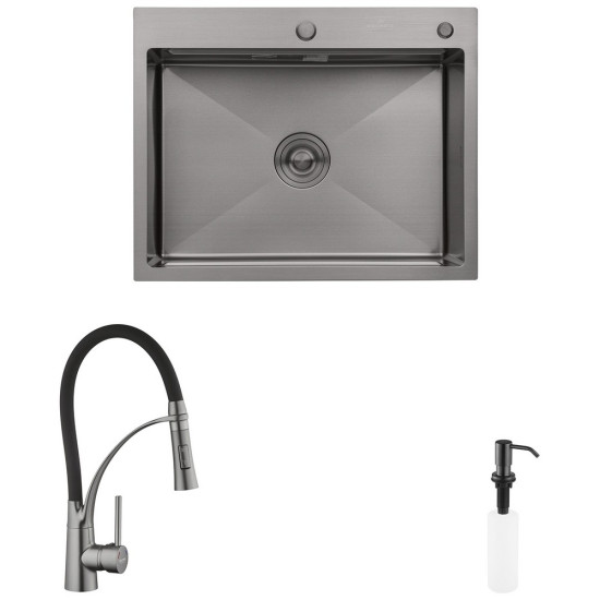 Комплект кухонная мойка Kroner Schwarze-6350HM PVD + смеситель Ersel-GRP03393BLK + дозатор Spender-SCH049