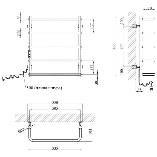 Полотенцесушитель электрический Kroner KRP Stil EL600x500-5