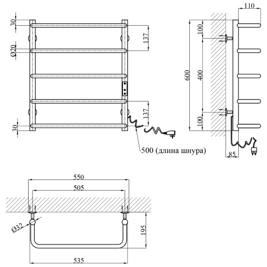Полотенцесушитель электрический Kroner KRP Stil ER600x500-5