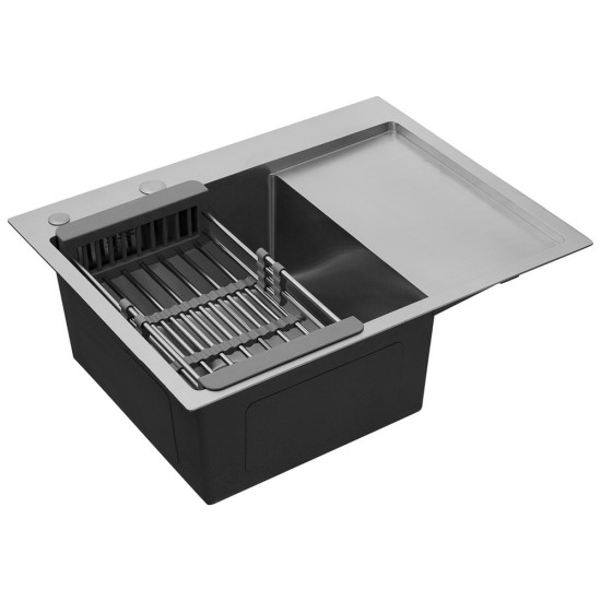 Комплект мойка для кухни интегрированная Kroner KRP Gebürstet - 6350LHM с корзиной для сушки и дозатором