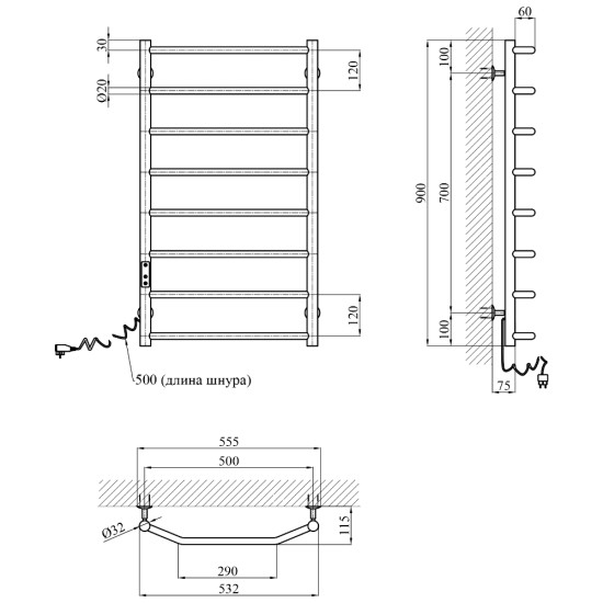 Полотенцесушитель электрический Kroner KRP Diva EL900x500-8