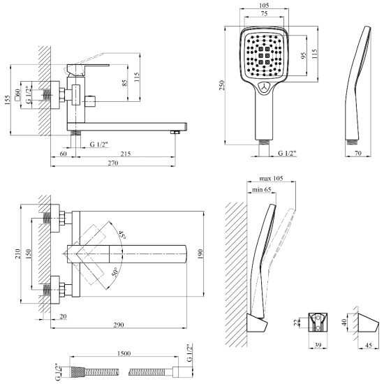 Смеситель для ванны Kroner KRP Edelstahl Kubus - PVD070