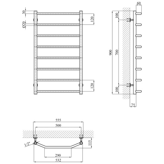 Полотенцесушитель водяной Kroner KRP Diva WT900x500-8