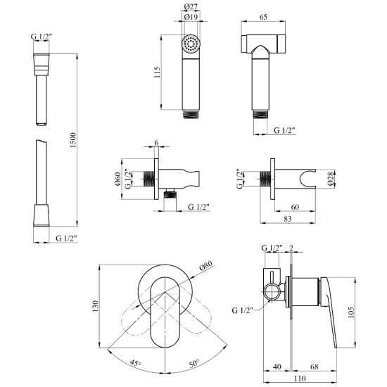 Набор для гигиенического душа со смесителем Kroner Element 211234-0101