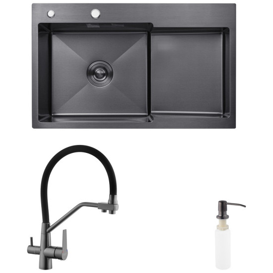 Комплект кухонна мийка Kroner Schwarze-7848LHM PVD + змішувач Edelstahl Klassisch-PVD03817BLK + дозатор Spender-026