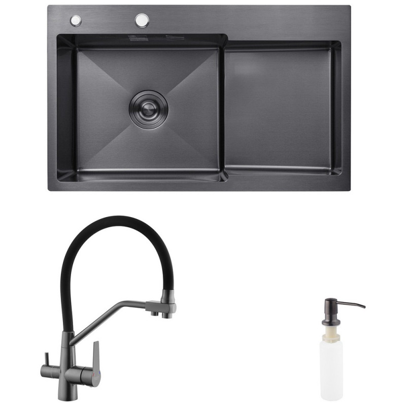 Комплект кухонна мийка Kroner Schwarze-7848LHM PVD + змішувач Edelstahl Klassisch-PVD03817BLK + дозатор Spender-026