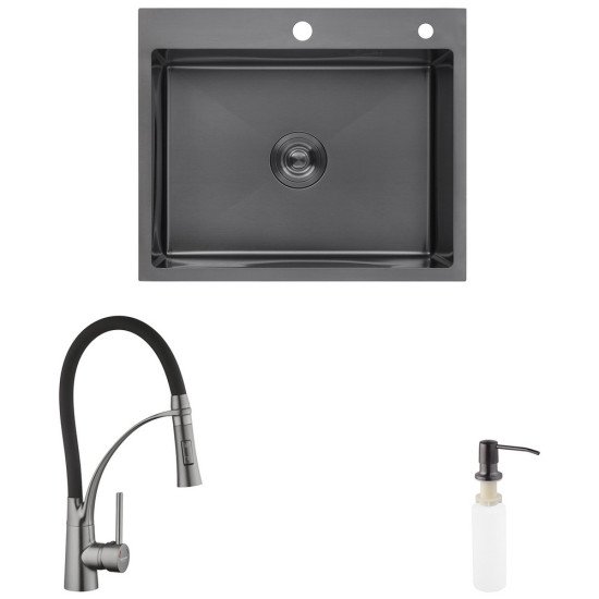 Комплект кухонная мойка Kroner Schwarze-6050HM PVD + смеситель Ersel - GRP03393BLK + дозатор Spender-026