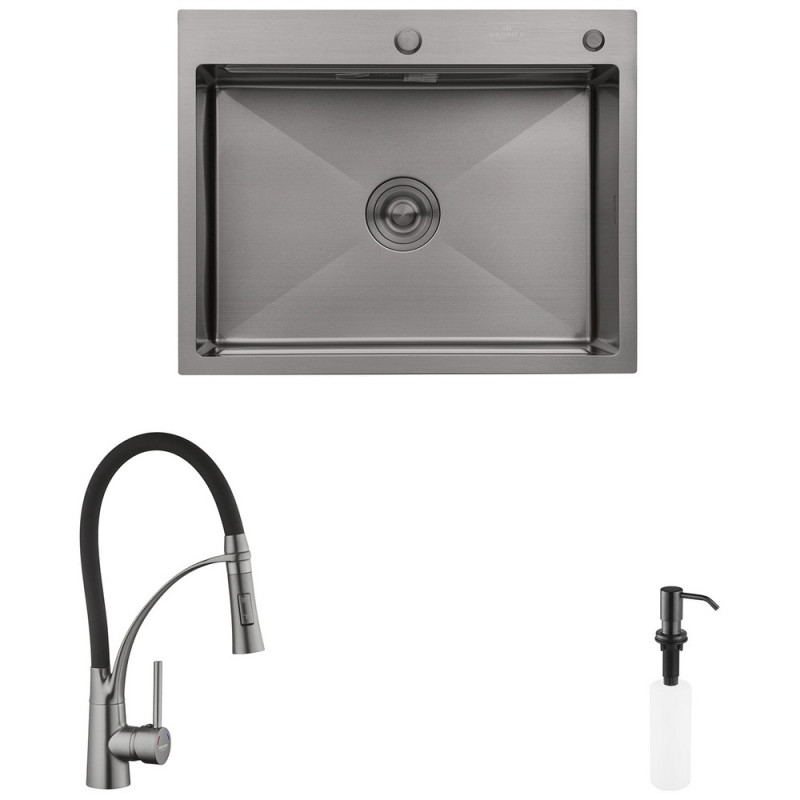 Комплект кухонна мийка Kroner Schwarze-6350HM PVD + змішувач Ersel-GRP03393BLK + дозатор Spender-SCH049