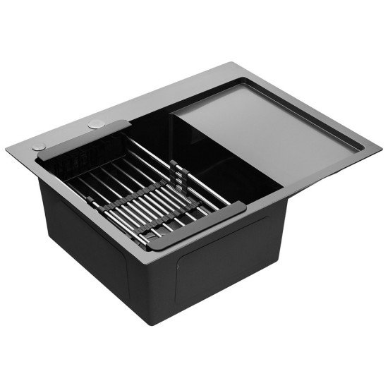 Комплект мойка для кухни интегрированная Kroner KRP Schwarze - 6350LHM PVD с корзиной для сушки и дозатором