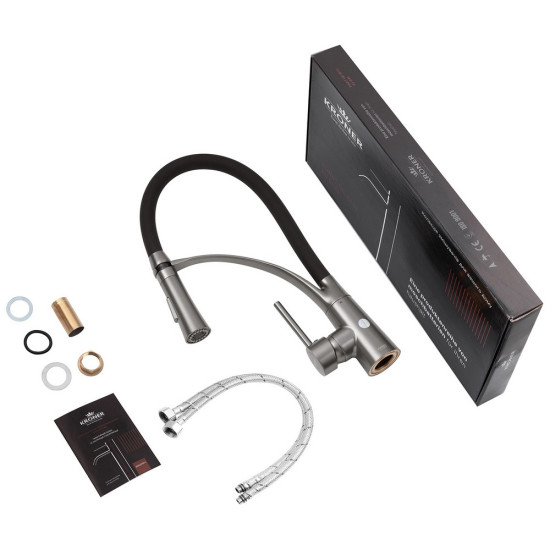 Комплект кухонная мойка Kroner Schwarze-6050HM PVD + смеситель Ersel - GRP03393BLK + дозатор Spender-026